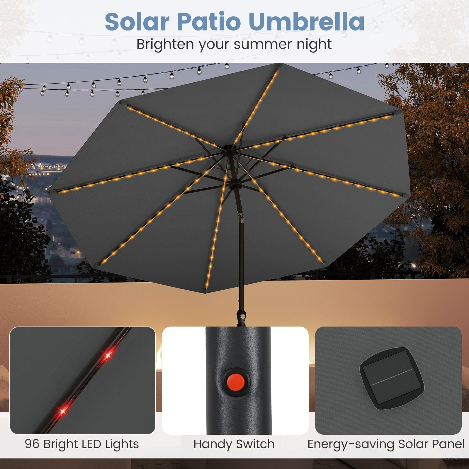 10 Feet Solar Patio Umbrella with 96 Multi-Colored Flowing LED Lights and Tilt Adjustment, Gray Outdoor Umbrellas at Gallery Canada