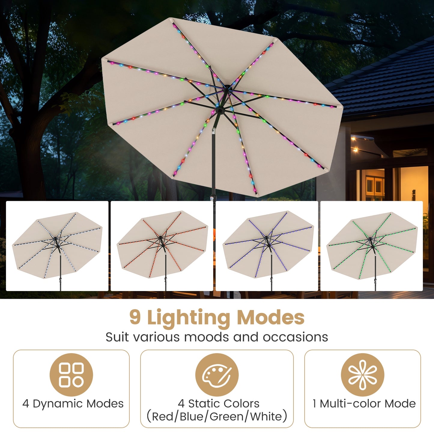 10 Feet Solar Patio Umbrella with 96 Multi-Colored Flowing LED Lights and Tilt Adjustment, Beige Outdoor Umbrellas at Gallery Canada