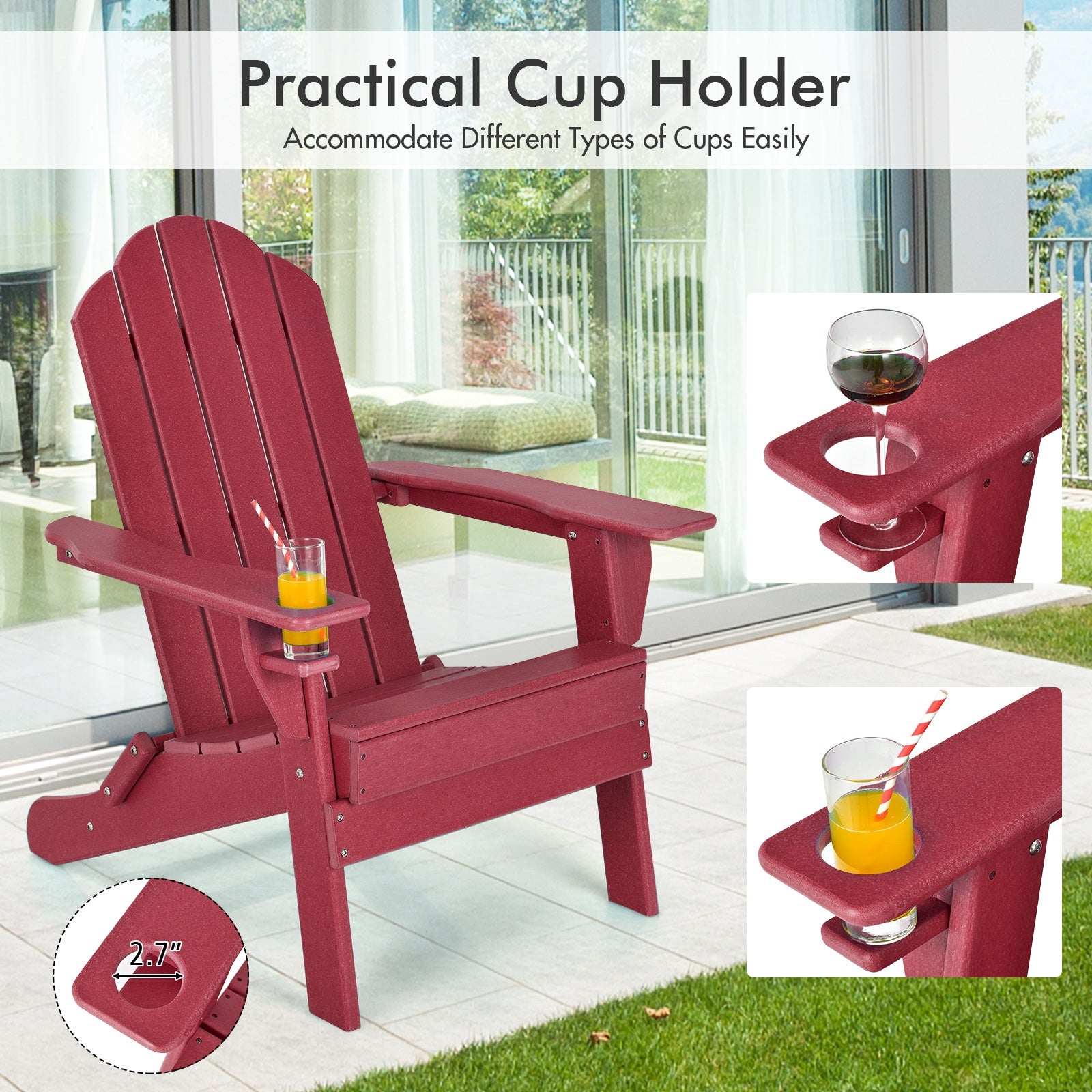 Foldable Weather Resistant Patio Chair with Built-in Cup Holder, Red Adirondack Chairs at Gallery Canada