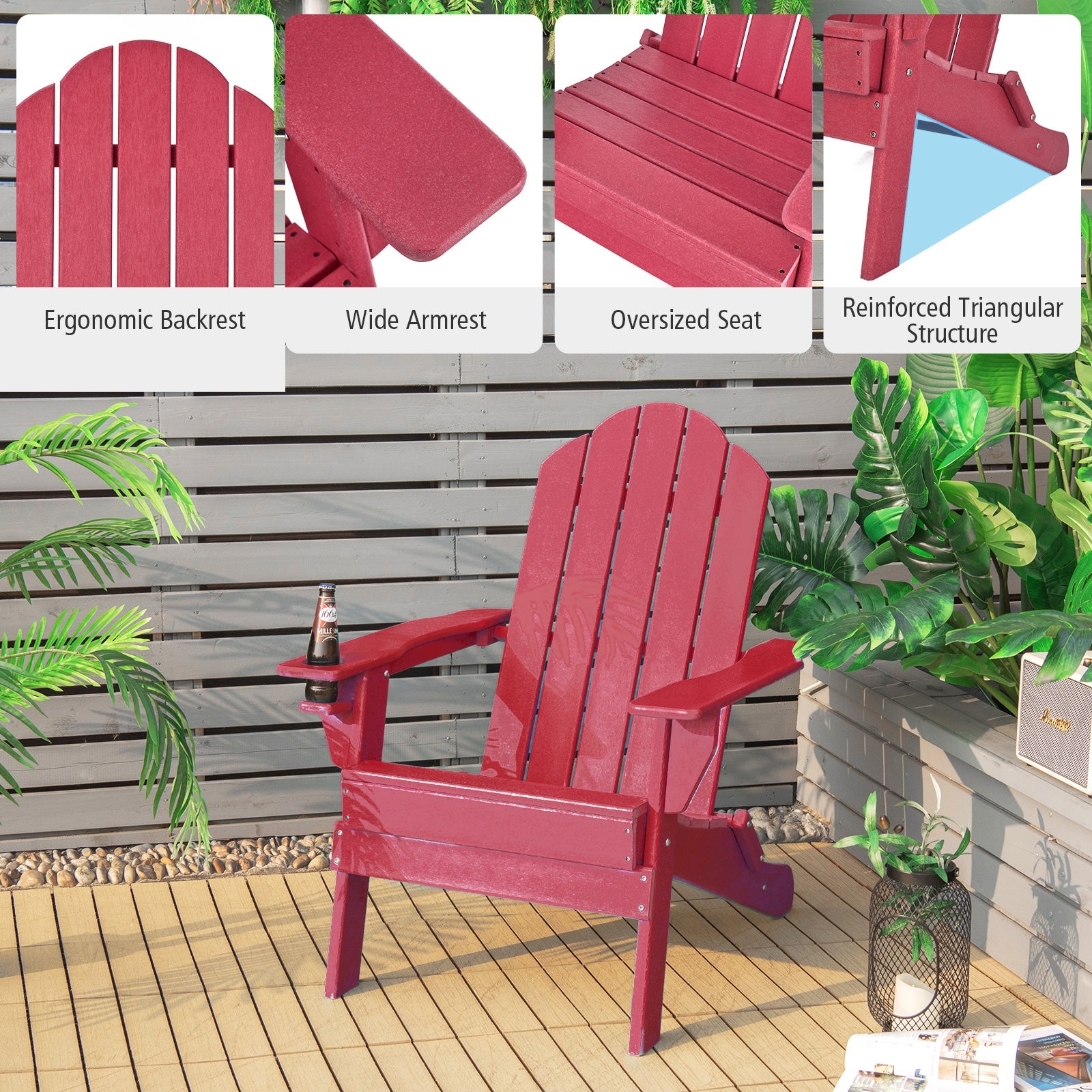 Foldable Weather Resistant Patio Chair with Built-in Cup Holder, Red Adirondack Chairs at Gallery Canada