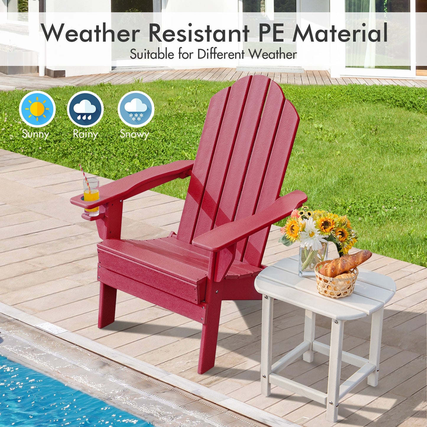 Foldable Weather Resistant Patio Chair with Built-in Cup Holder, Red Adirondack Chairs at Gallery Canada