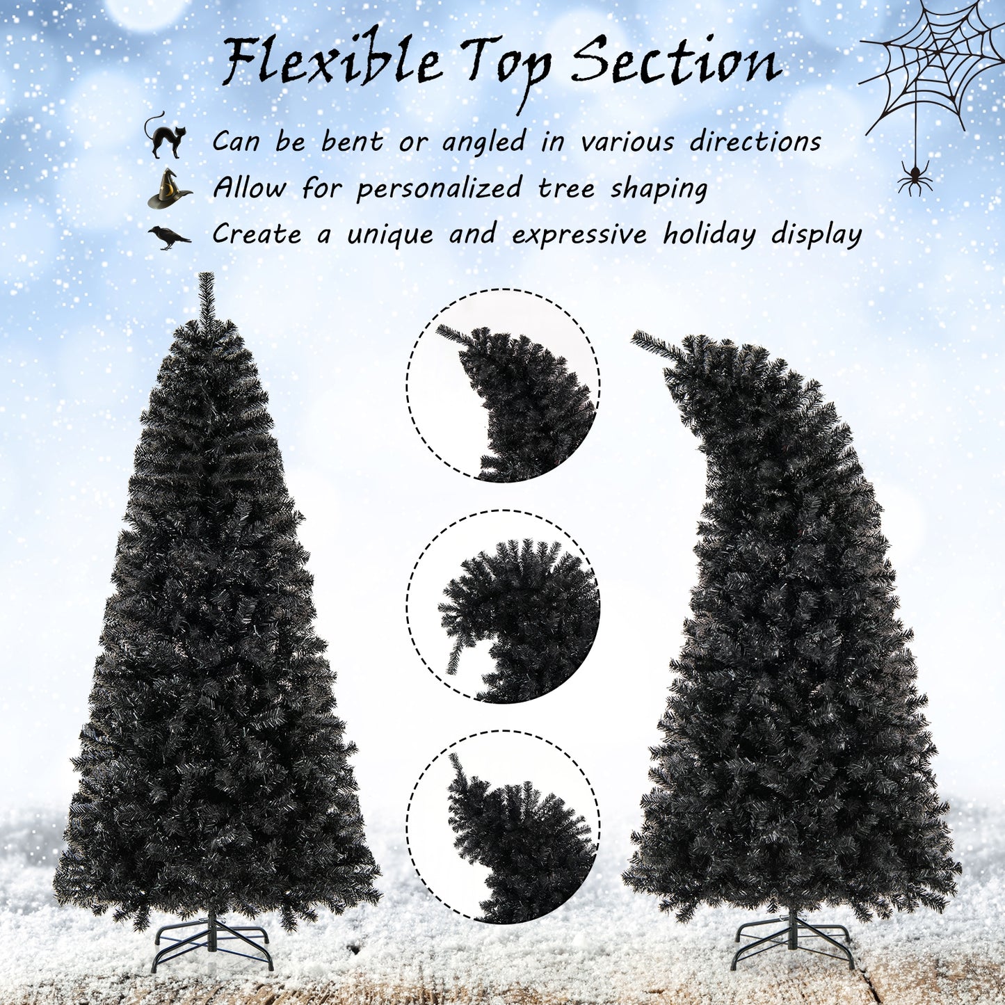 6/7 FT Artificial Christmas Tree with Bendable Top Section and Warm Light-7 ft, Black