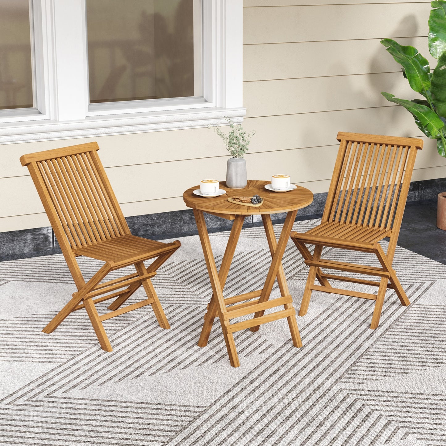 Teak Wood Outdoor Chairs Set Of 2, Slatted Seat And Backrest, Natural Patio Dining Chairs at Gallery Canada