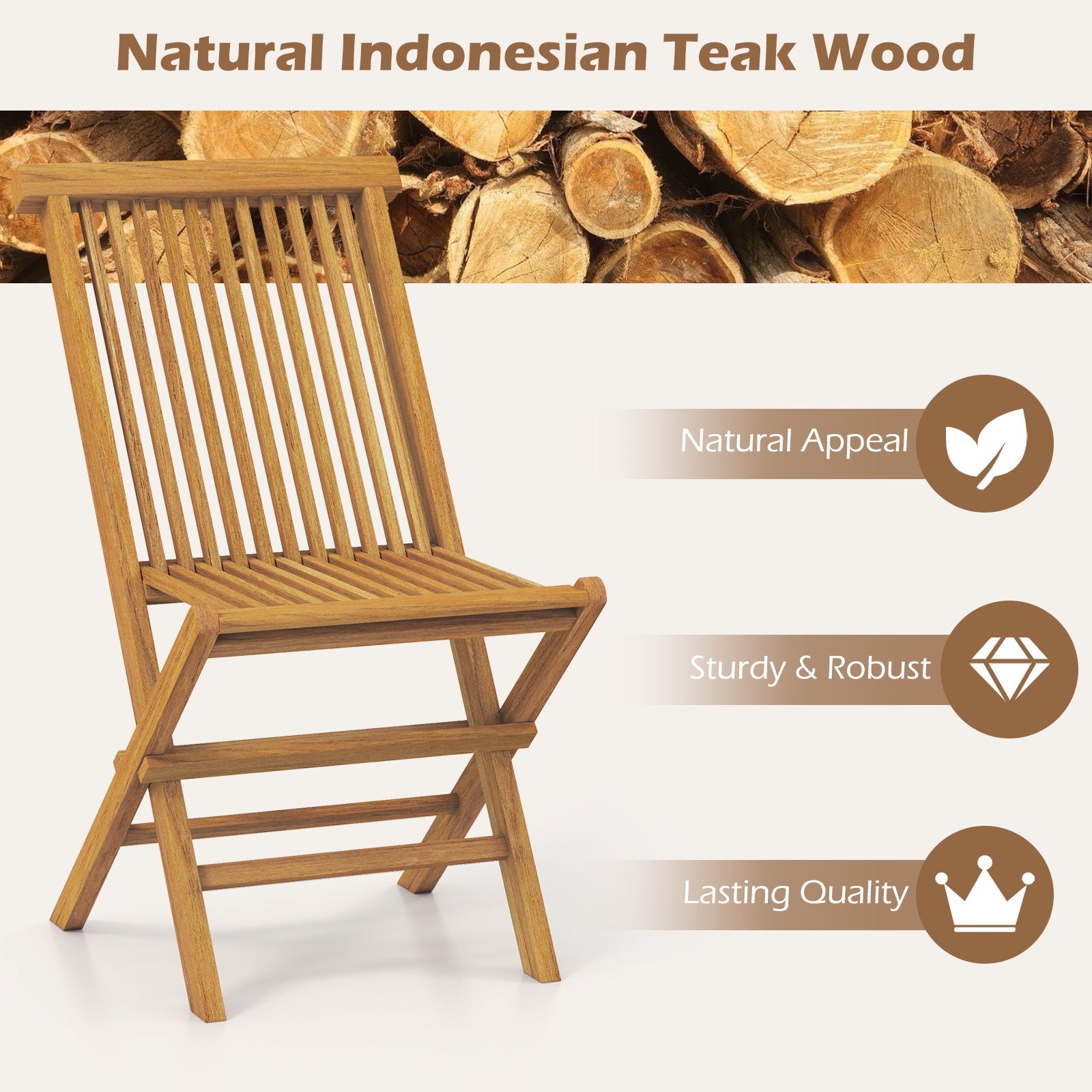 Teak Wood Outdoor Chairs Set Of 2, Slatted Seat And Backrest, Natural Patio Dining Chairs at Gallery Canada