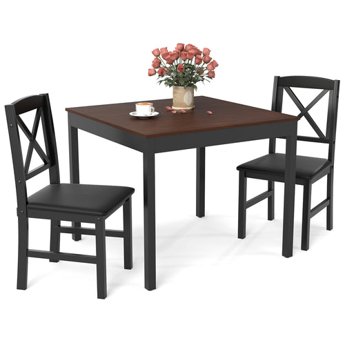 3-Piece Dining Table Set Wooden Square Kitchen Table for 2 People, Brown