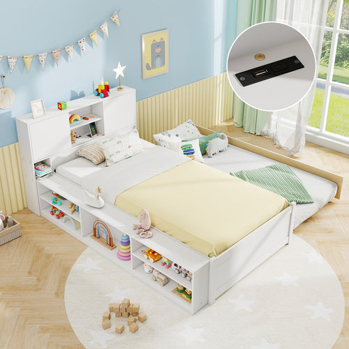 Twin Size Bed Frame with Trundle and Power Outlets, White