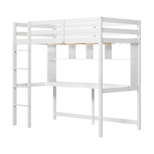 Twin Size Loft Bed With Desk, Shelves, White Simple Bed Frame White at Gallery Canada