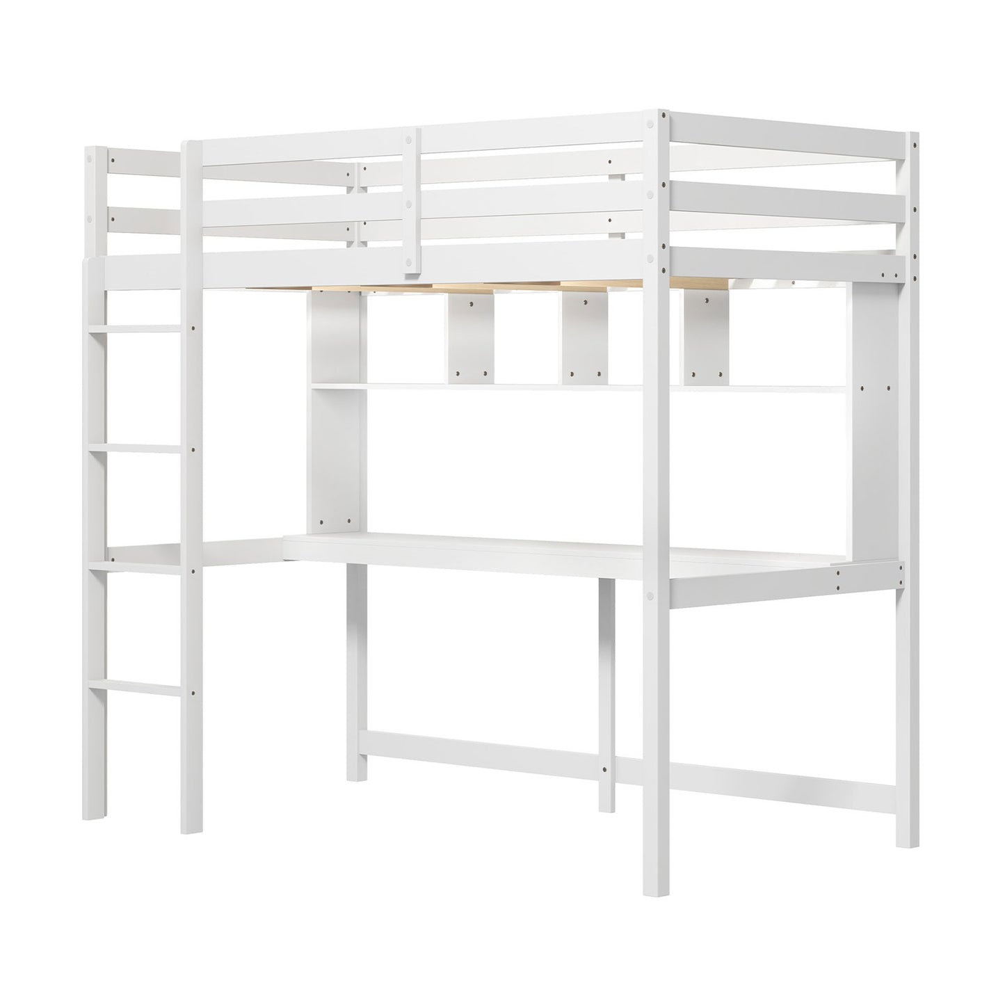 Twin Size Loft Bed With Desk, Shelves, White Simple Bed Frame at Gallery Canada