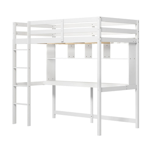 Twin Size Loft Bed with Desk and Shelves for Home Dorm Apartment No Box Spring Needed, White