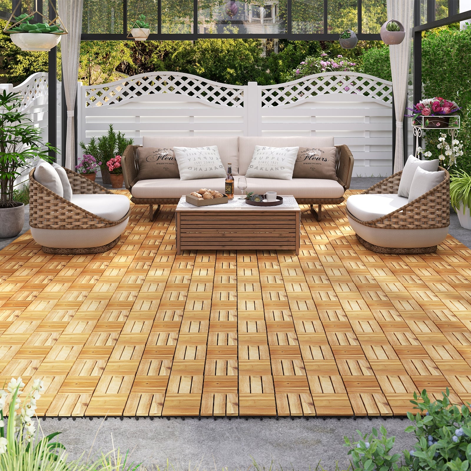 Pack of 30 Acacia Wood Interlocking Deck Tiles, Brown Decorative Fencing & Flooring at Gallery Canada