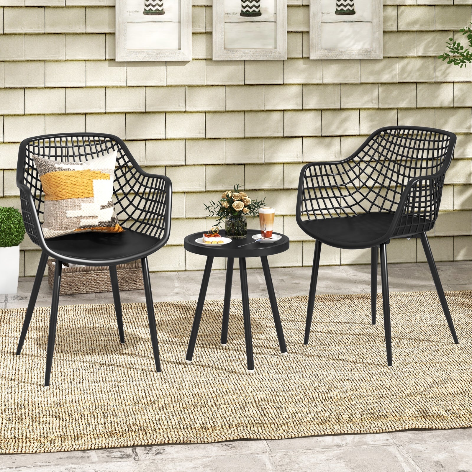 3 Piece Patio Chair Set with PP Seat and Tabletop for Porch, Black Patio Conversation Sets at Gallery Canada