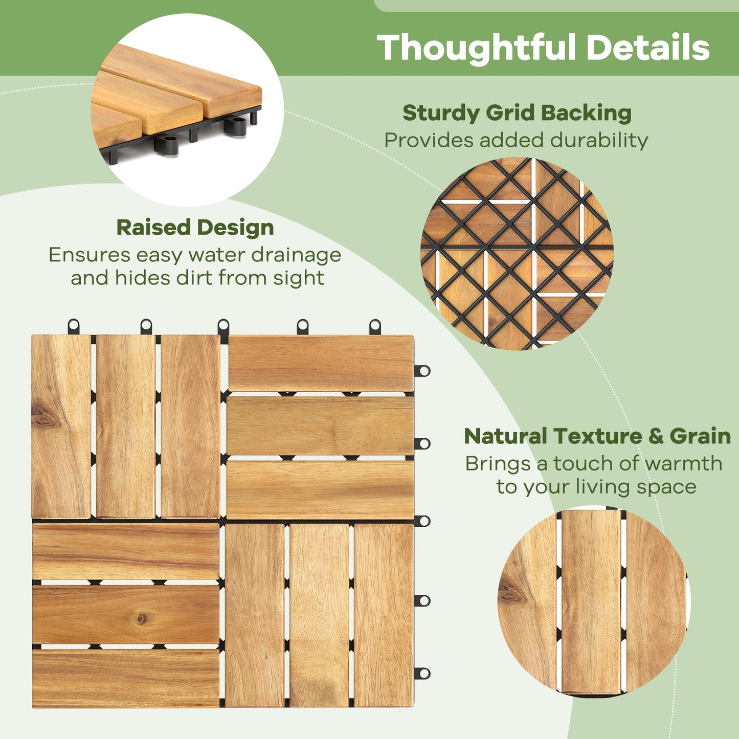 30 Carreaux de Terrasse à Emboîtement en Bois d'Acacia, Marron