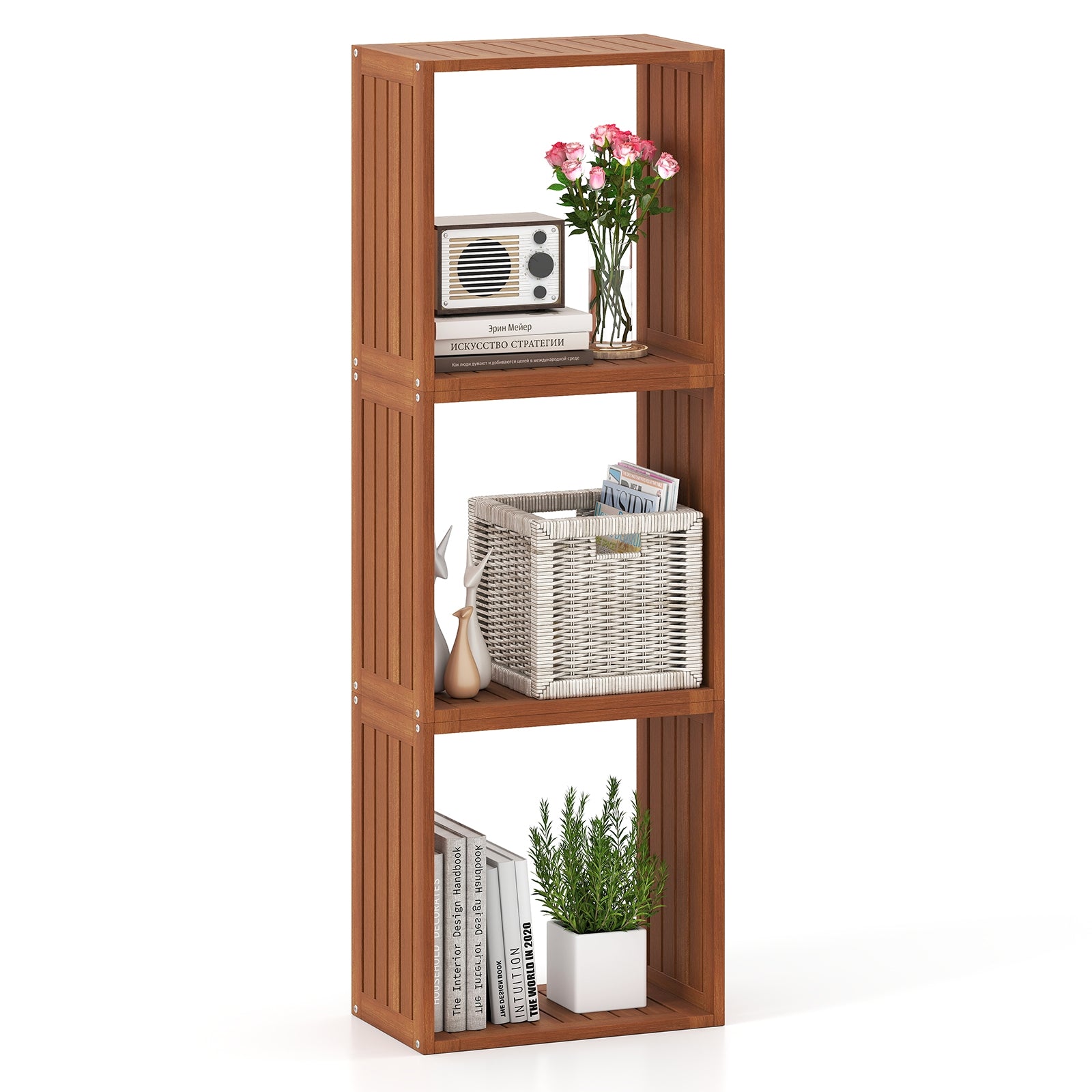3 Cube Bookcases Solid Wood Stacking Storage Organizers with Open Slatted Design, Teak Bookcases Teak at Gallery Canada