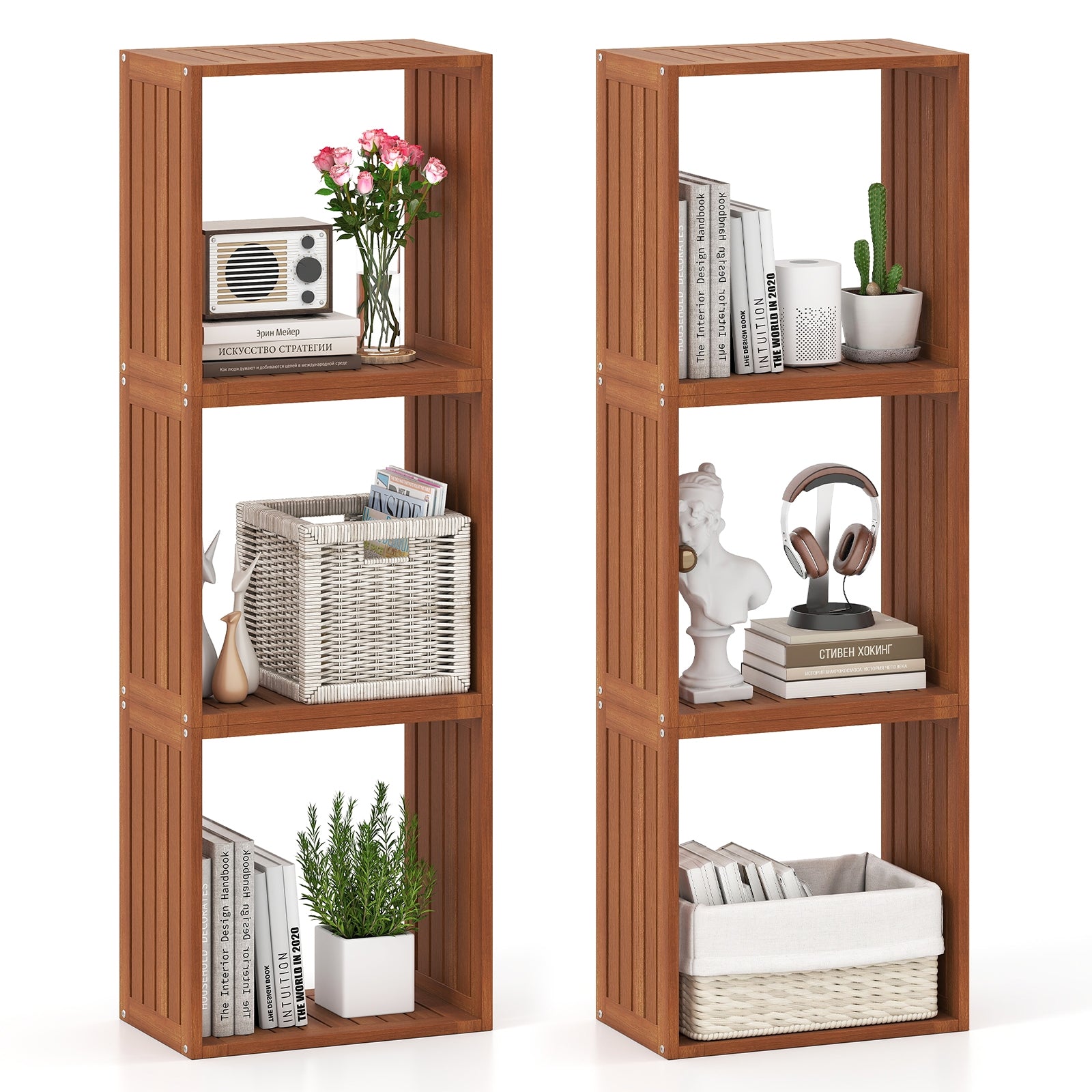 3 Cube Bookcases Solid Wood Stacking Storage Organizers with Open Slatted Design, Teak Bookcases at Gallery Canada