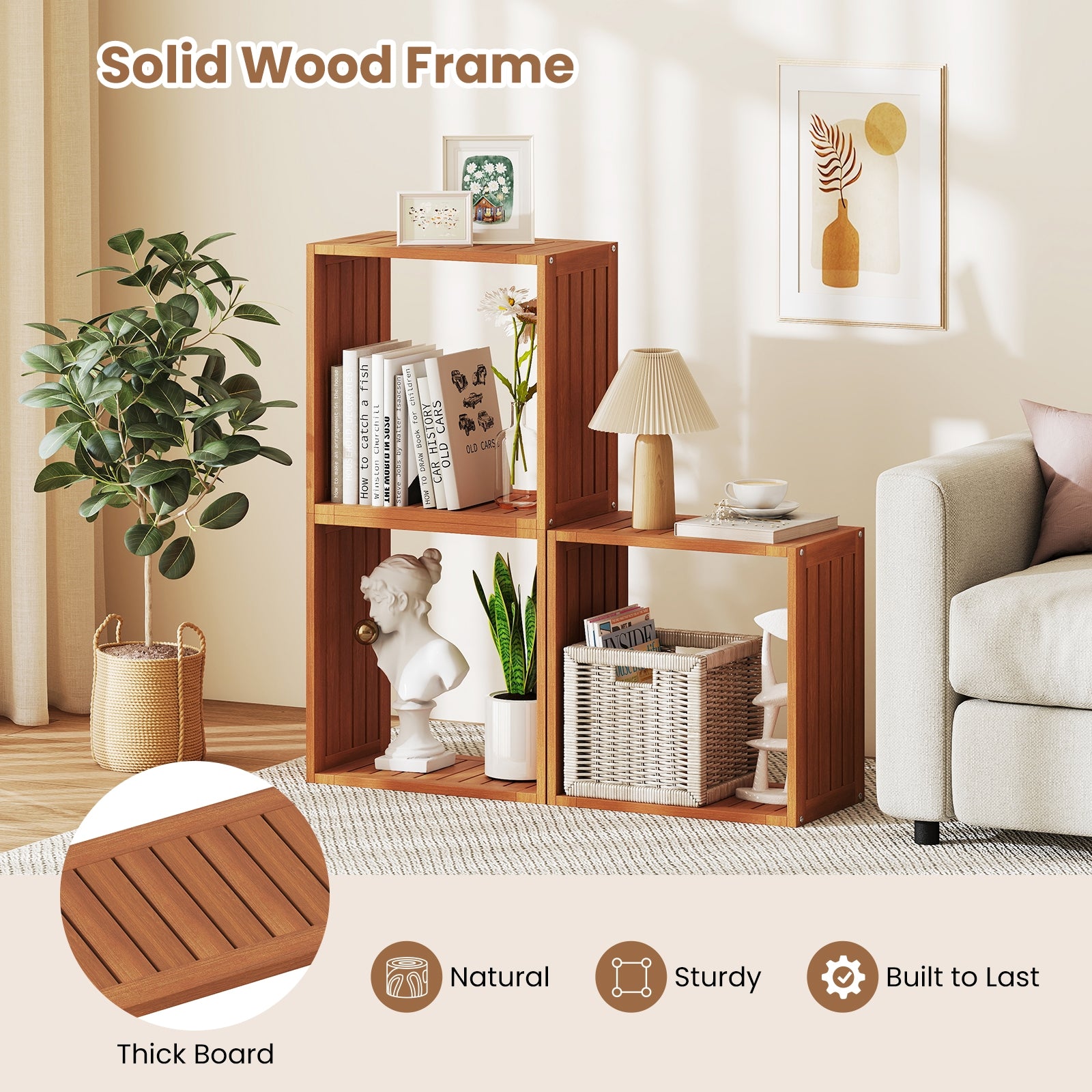 3 Cube Bookcases Solid Wood Stacking Storage Organizers with Open Slatted Design, Teak Bookcases at Gallery Canada
