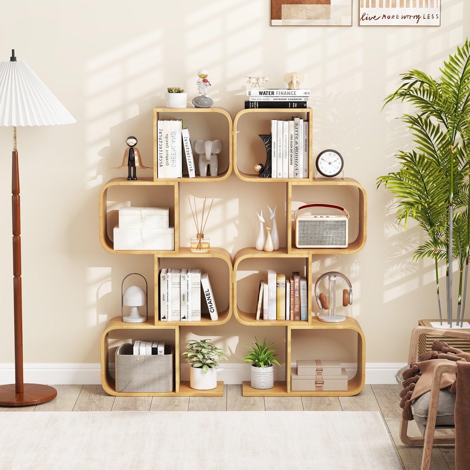 4-Tier S-Shaped Bamboo Bookcase with 4 Open Cubes for Living Room, Natural Bookcases at Gallery Canada