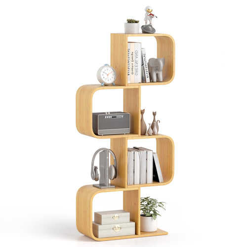 4-Tier S-Shaped Bamboo Bookcase, 4 Open Cubes, Natural