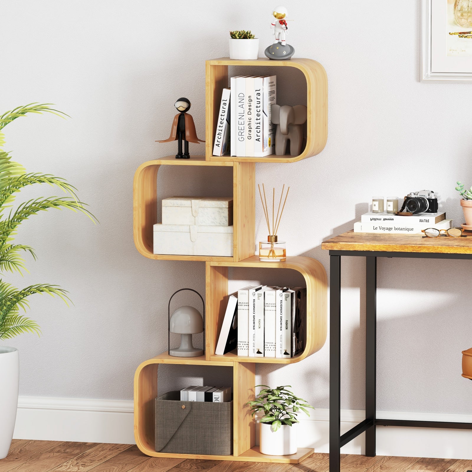 4-Tier S-Shaped Bamboo Bookcase with 4 Open Cubes for Living Room, Natural Bookcases at Gallery Canada