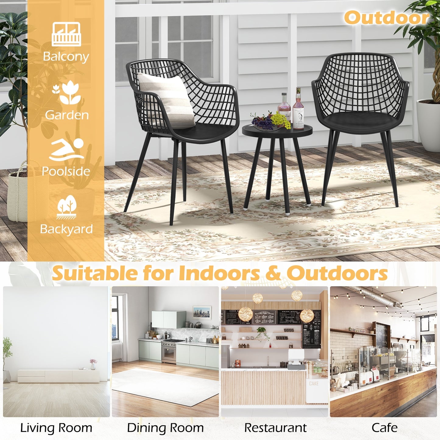 3 Piece Patio Chair Set with PP Seat and Tabletop for Porch, Black Patio Conversation Sets at Gallery Canada