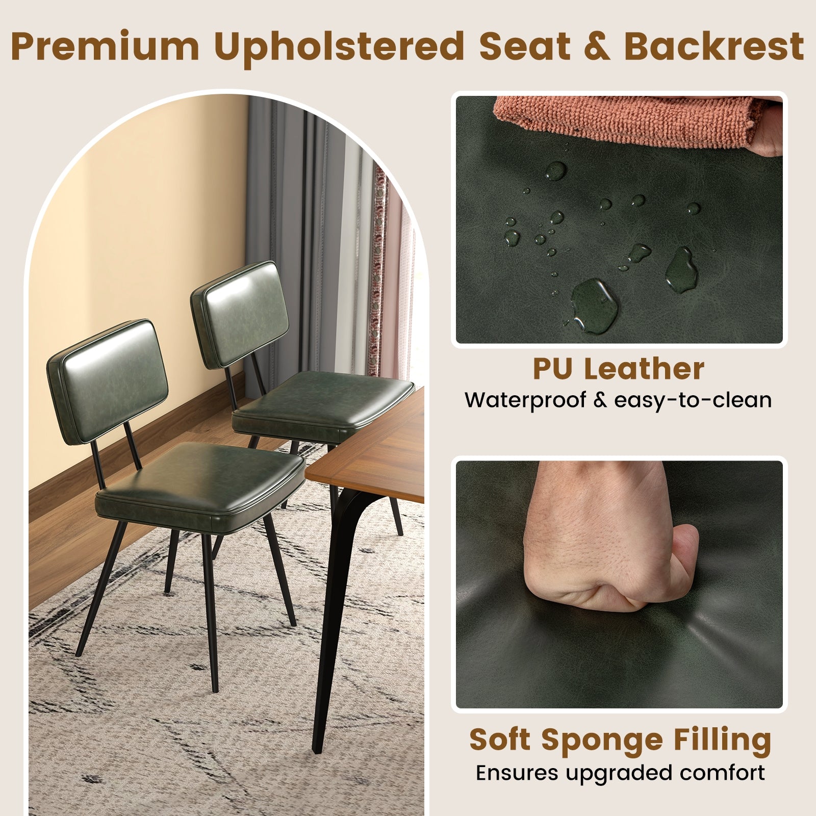 Dining Chair Set of 2 with Padded Backrest and Seat, Dark Green Dining Chairs at Gallery Canada