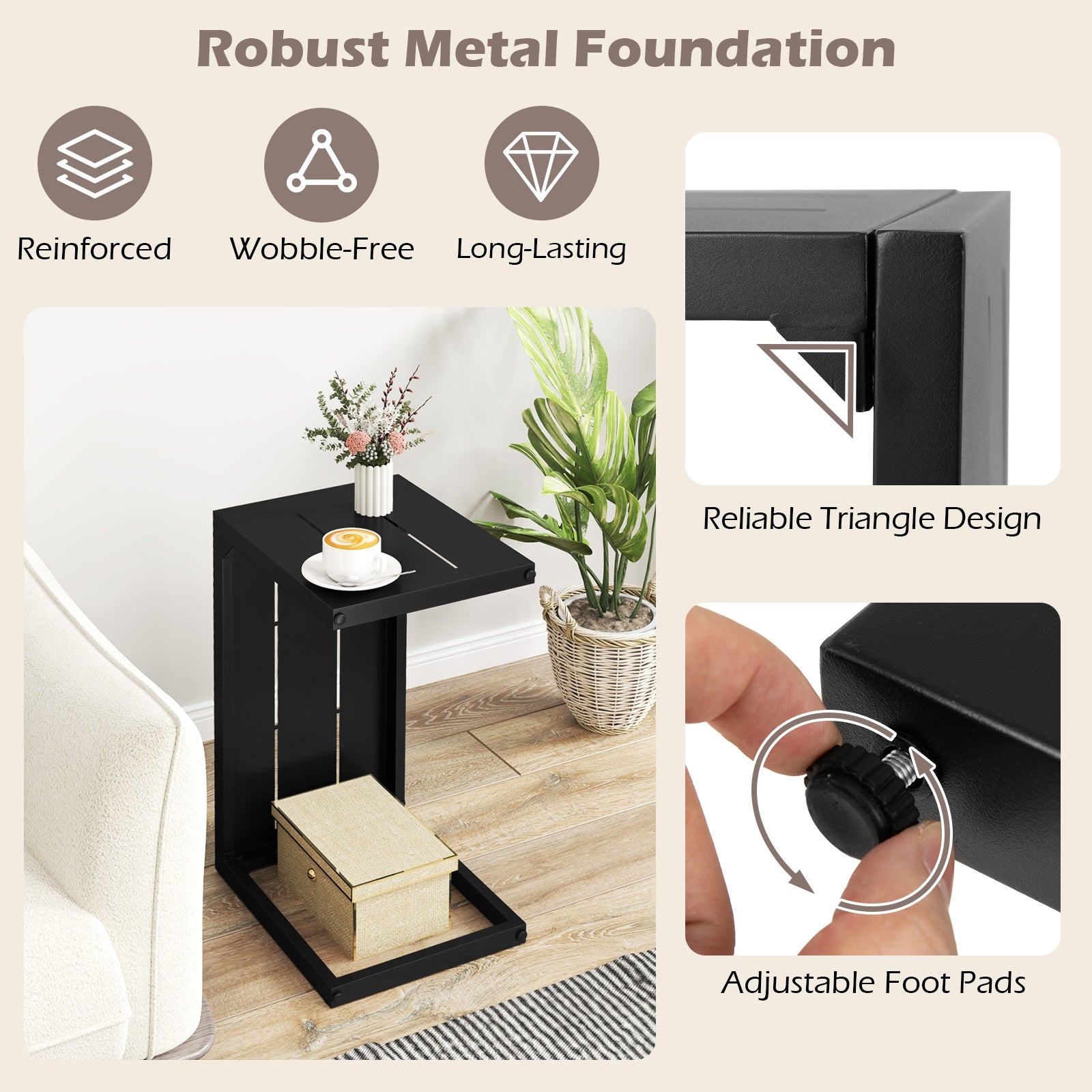 Set of 2 C-Shaped End Tables, Adjustable Foot Pads, Black End & Side Tables at Gallery Canada
