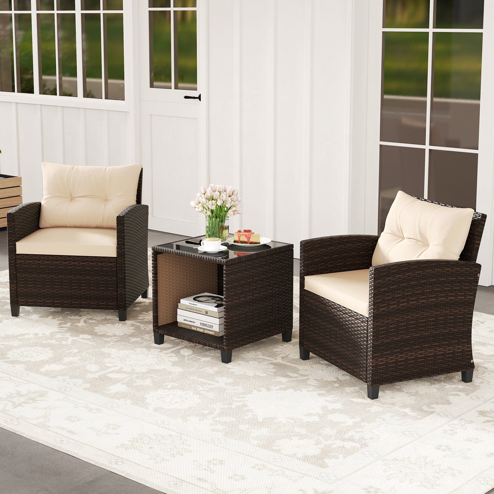 3 Piece Patio Sofa Set Wicker Chairs and Coffee Table with Storage, Beige Patio Conversation Sets at Gallery Canada