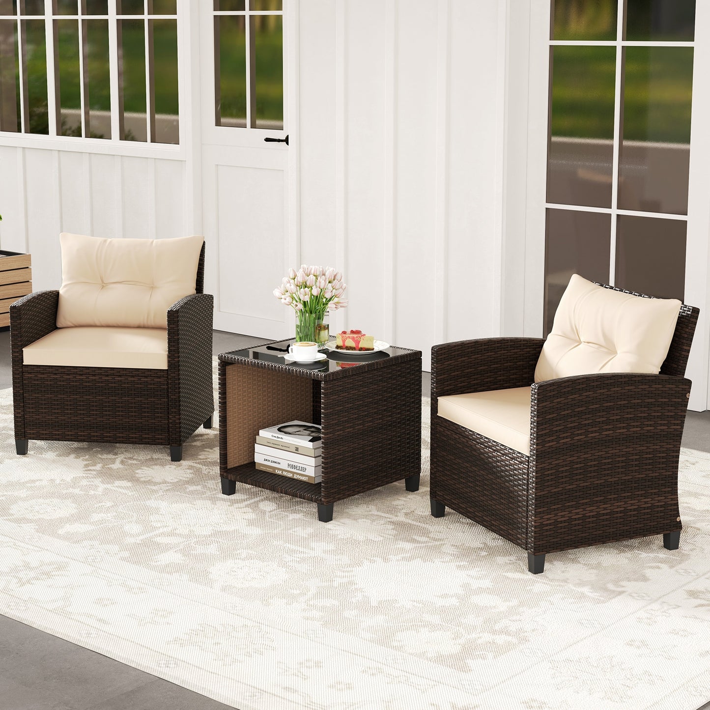 3 Piece Patio Sofa Set Wicker Chairs and Coffee Table with Storage, Beige Patio Conversation Sets at Gallery Canada