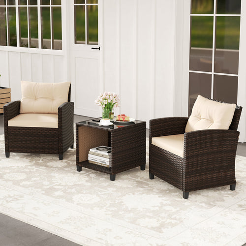 3 Piece Patio Sofa Set Wicker Chairs and Coffee Table with Storage, Beige