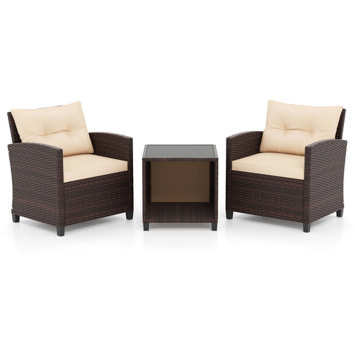 3 Piece Patio Sofa Set Wicker Chairs and Coffee Table with Storage, Beige