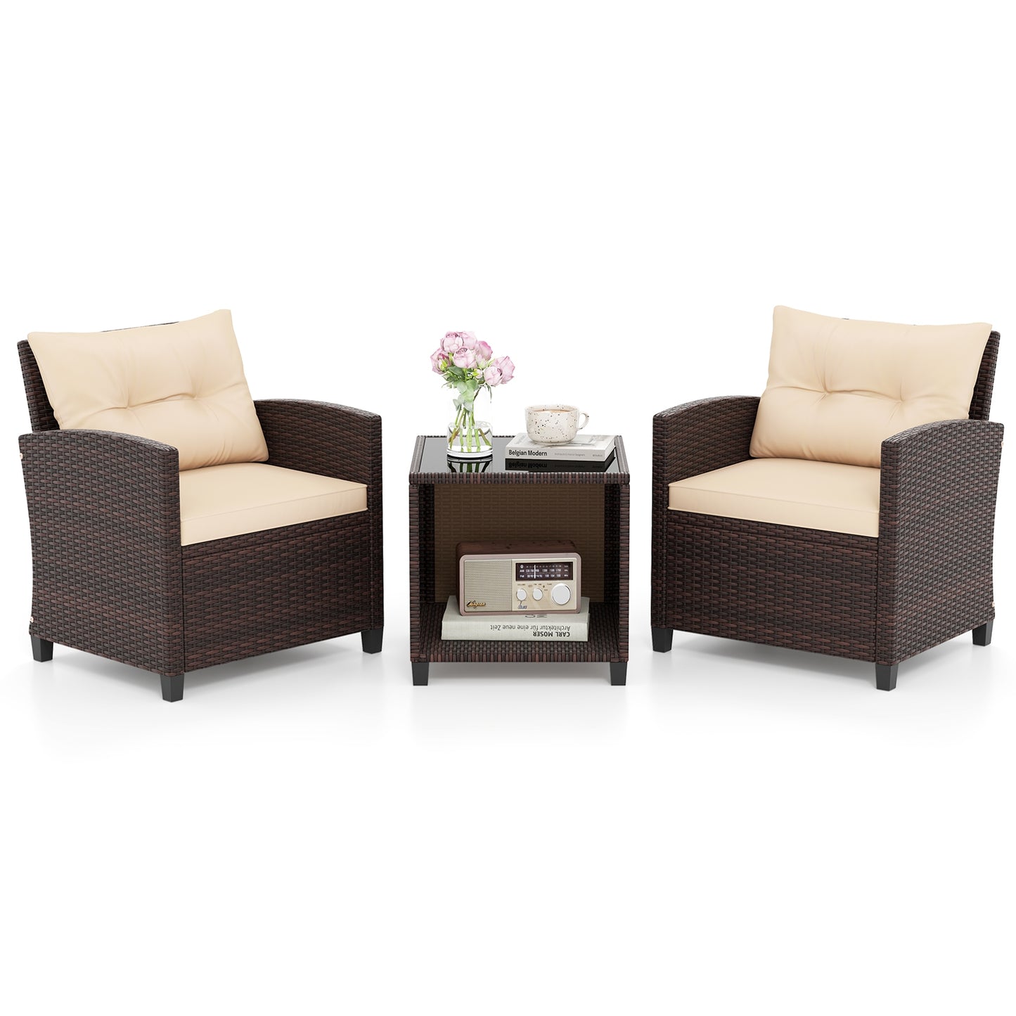 3 Piece Patio Sofa Set Wicker Chairs and Coffee Table with Storage, Beige Patio Conversation Sets at Gallery Canada