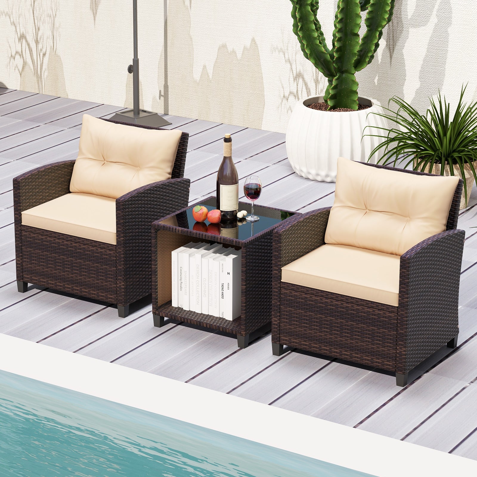 3 Piece Patio Sofa Set Wicker Chairs and Coffee Table with Storage, Beige Patio Conversation Sets at Gallery Canada