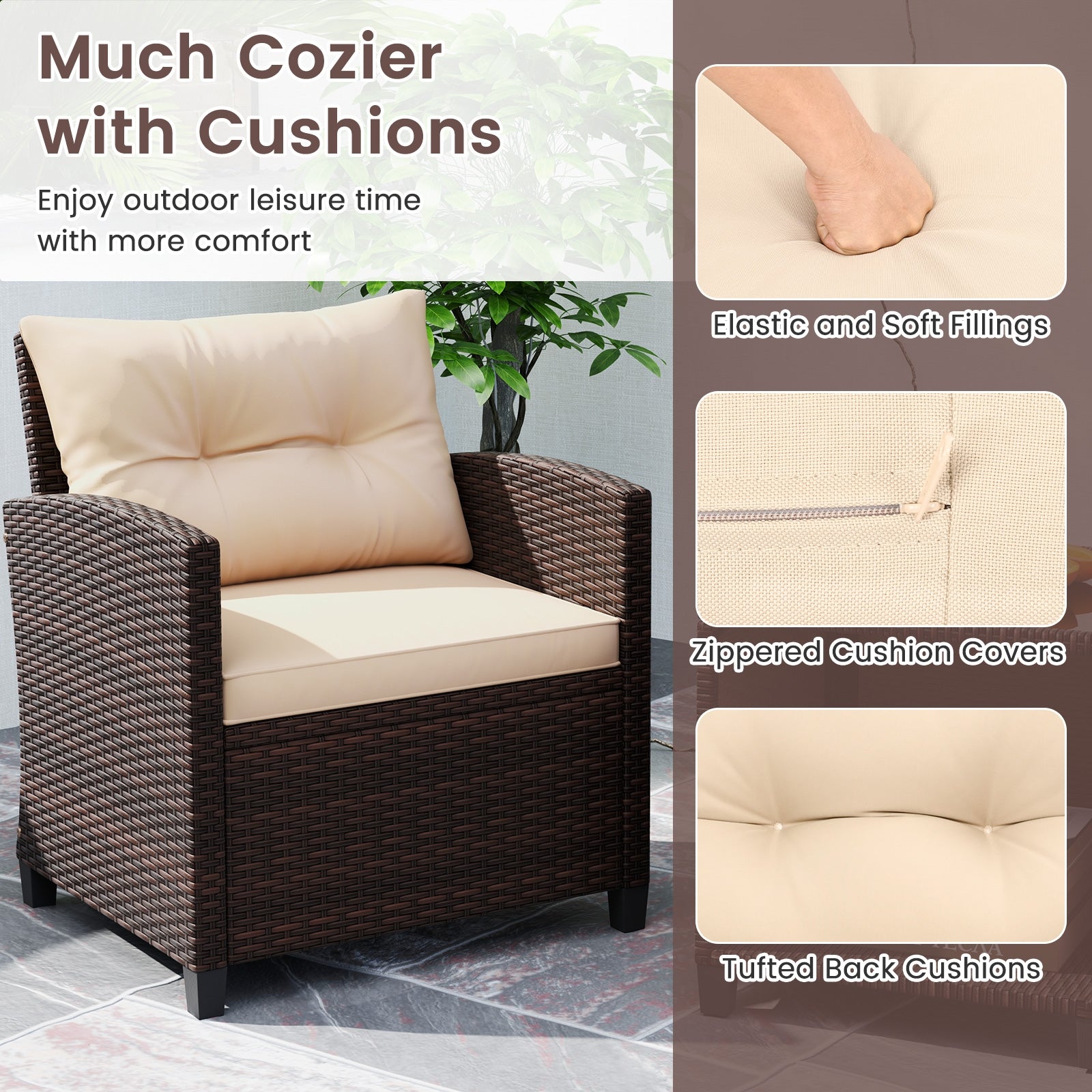 3 Piece Patio Sofa Set Wicker Chairs and Coffee Table with Storage, Beige Patio Conversation Sets at Gallery Canada