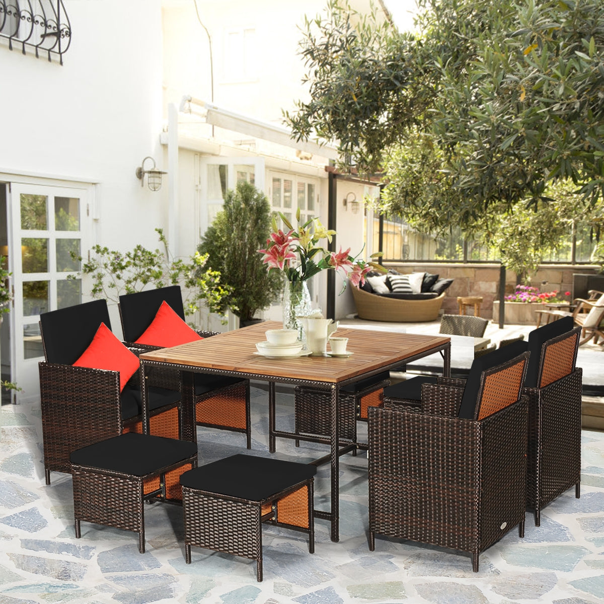 9 Pieces Patio Rattan Dining Cushioned Chairs Set, Black Patio Dining Sets at Gallery Canada