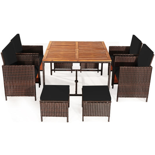9 Piece Patio Rattan Dining Cushioned Chairs Set, Black