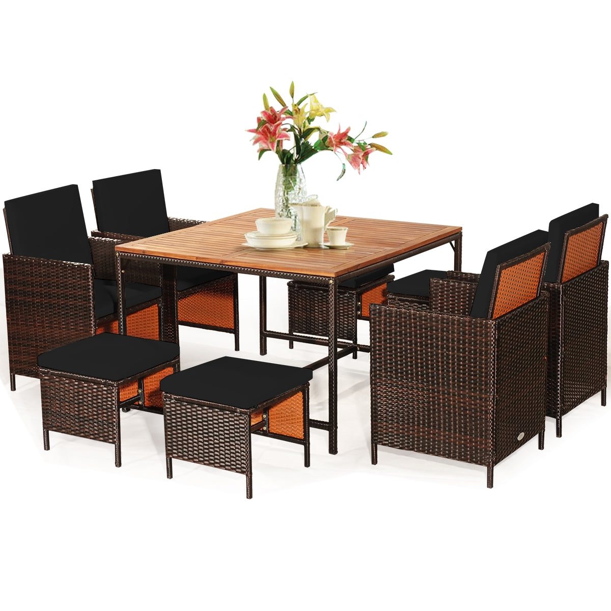 9 Pieces Patio Rattan Dining Cushioned Chairs Set, Black Patio Dining Sets at Gallery Canada