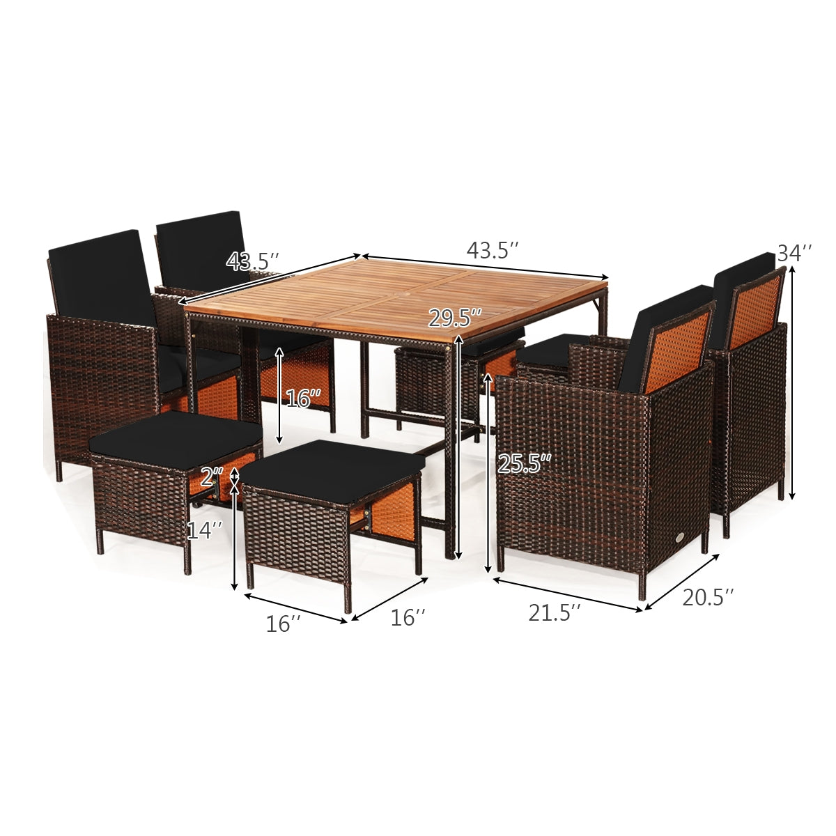 9 Pieces Patio Rattan Dining Cushioned Chairs Set, Black Patio Dining Sets at Gallery Canada