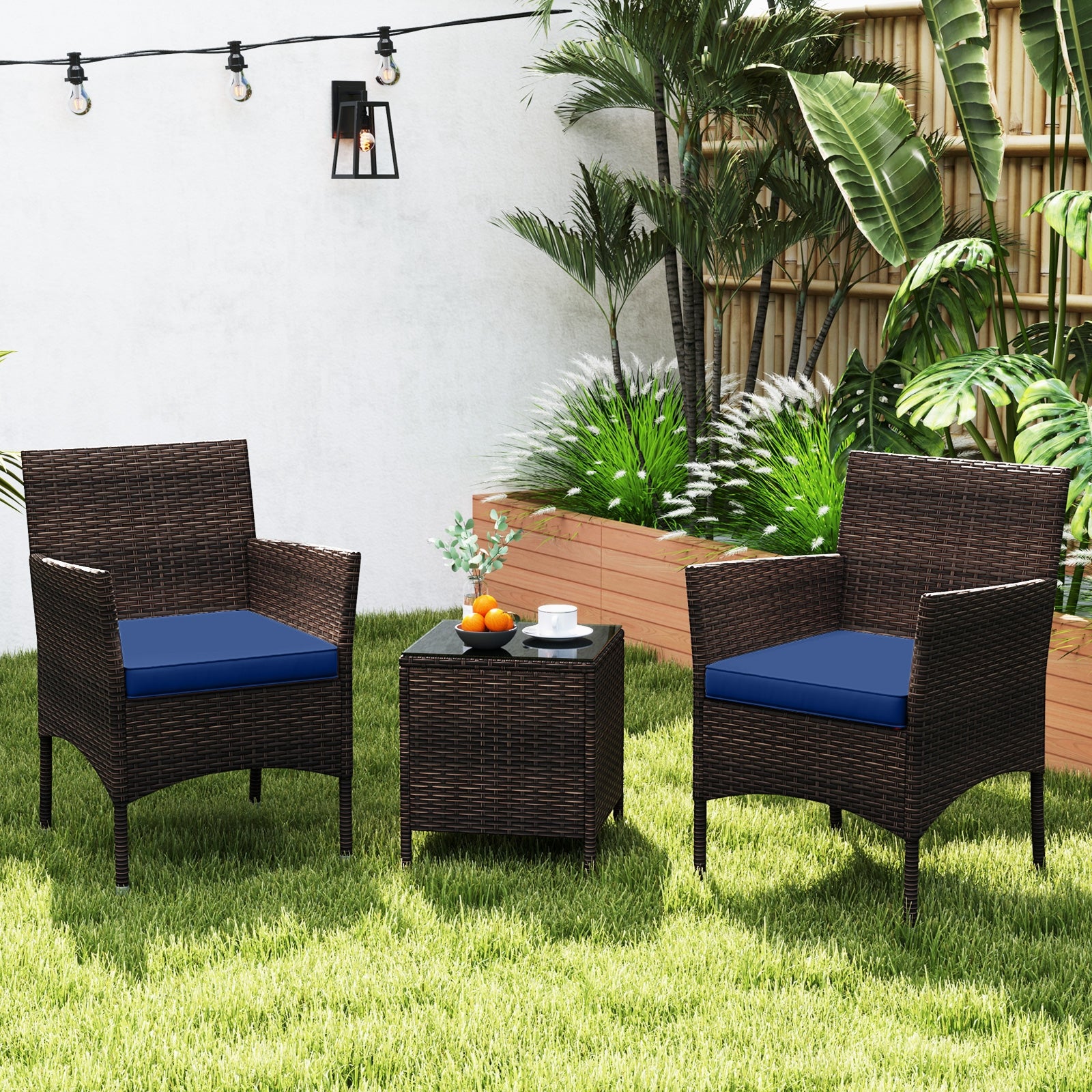 3 Pieces Outdoor Conversation Set with Cushioned Seat and Glass Tabletop, Navy Patio Conversation Sets at Gallery Canada