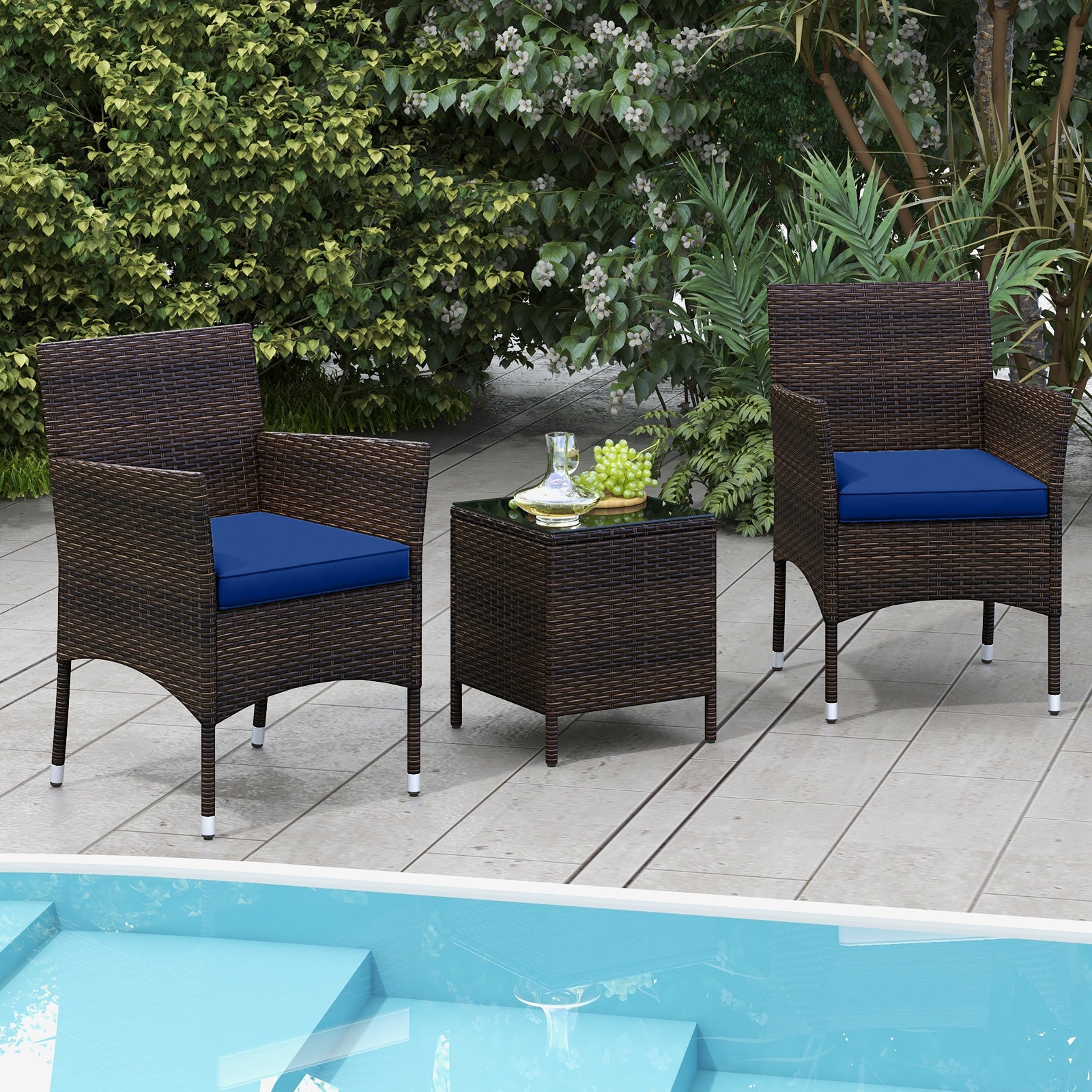 3 Pieces Outdoor Conversation Set with Cushioned Seat and Glass Tabletop, Navy Patio Conversation Sets at Gallery Canada