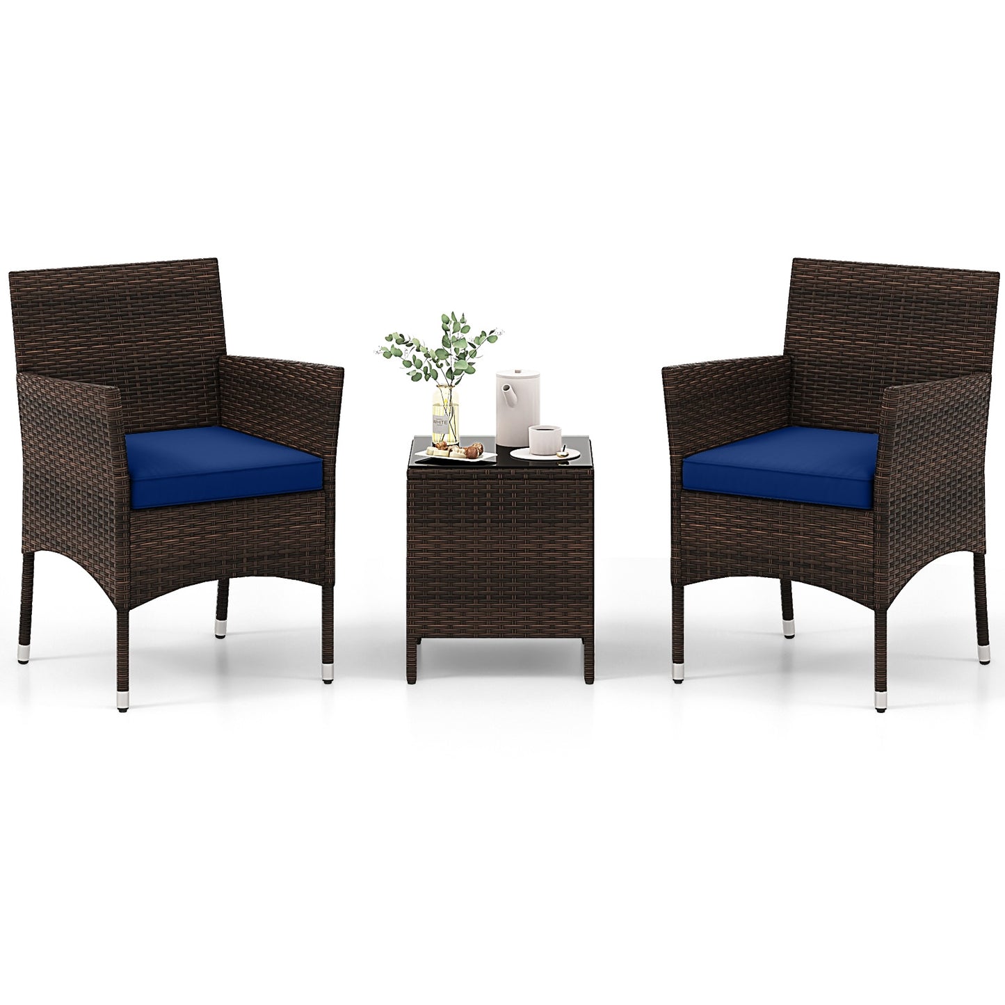 3 Pieces Outdoor Conversation Set with Cushioned Seat and Glass Tabletop, Navy Patio Conversation Sets at Gallery Canada