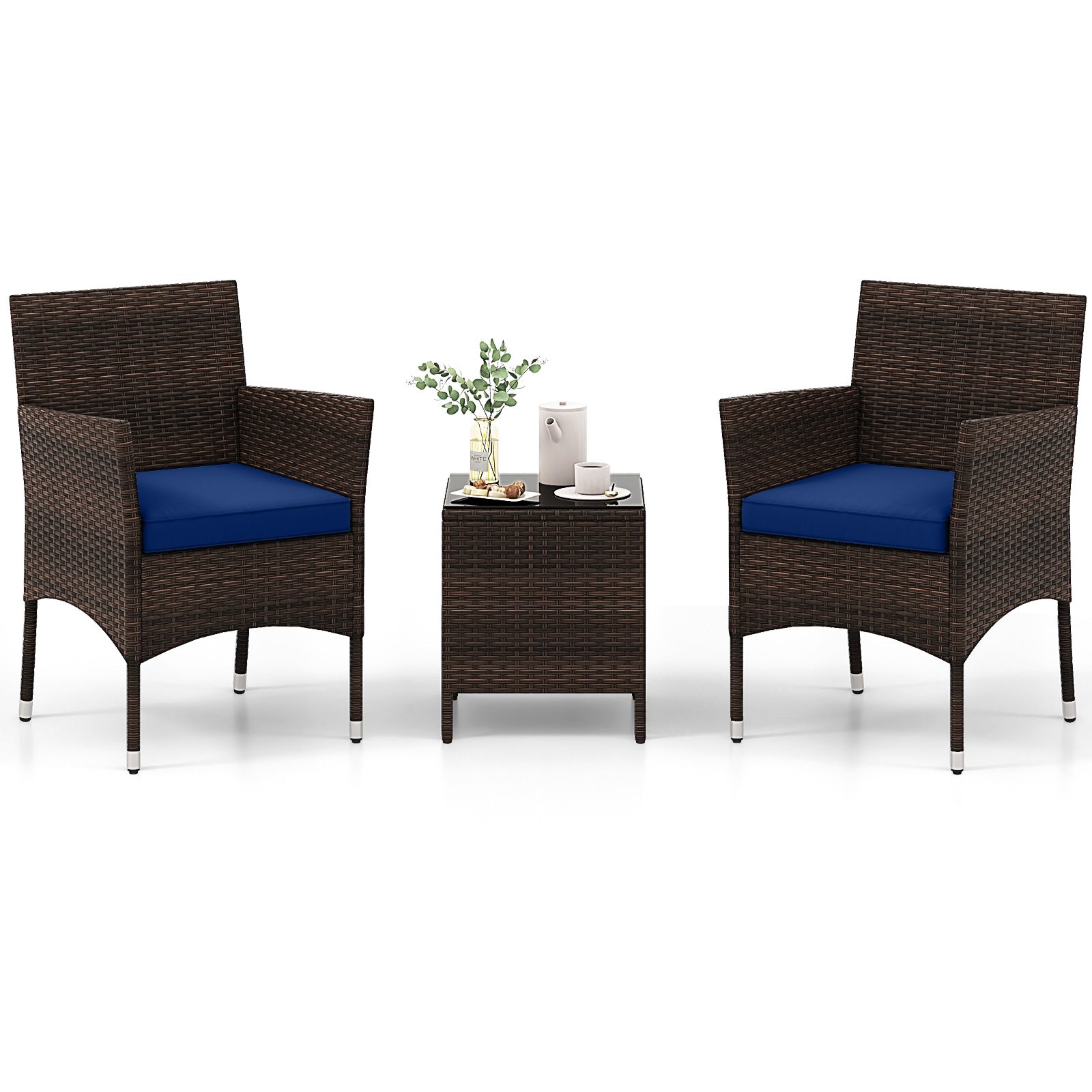 3 Pieces Outdoor Conversation Set with Cushioned Seat and Glass Tabletop, Navy Patio Conversation Sets Navy at Gallery Canada