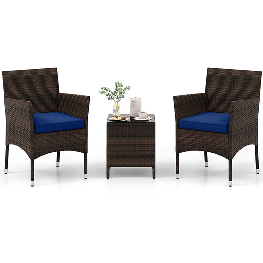 3 Pieces Outdoor Conversation Set with Cushioned Seat and Glass Tabletop, Navy Patio Conversation Sets Navy at Gallery Canada