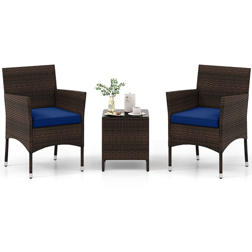 3 Pieces Outdoor Conversation Set with Cushioned Seat and Glass Tabletop, Navy