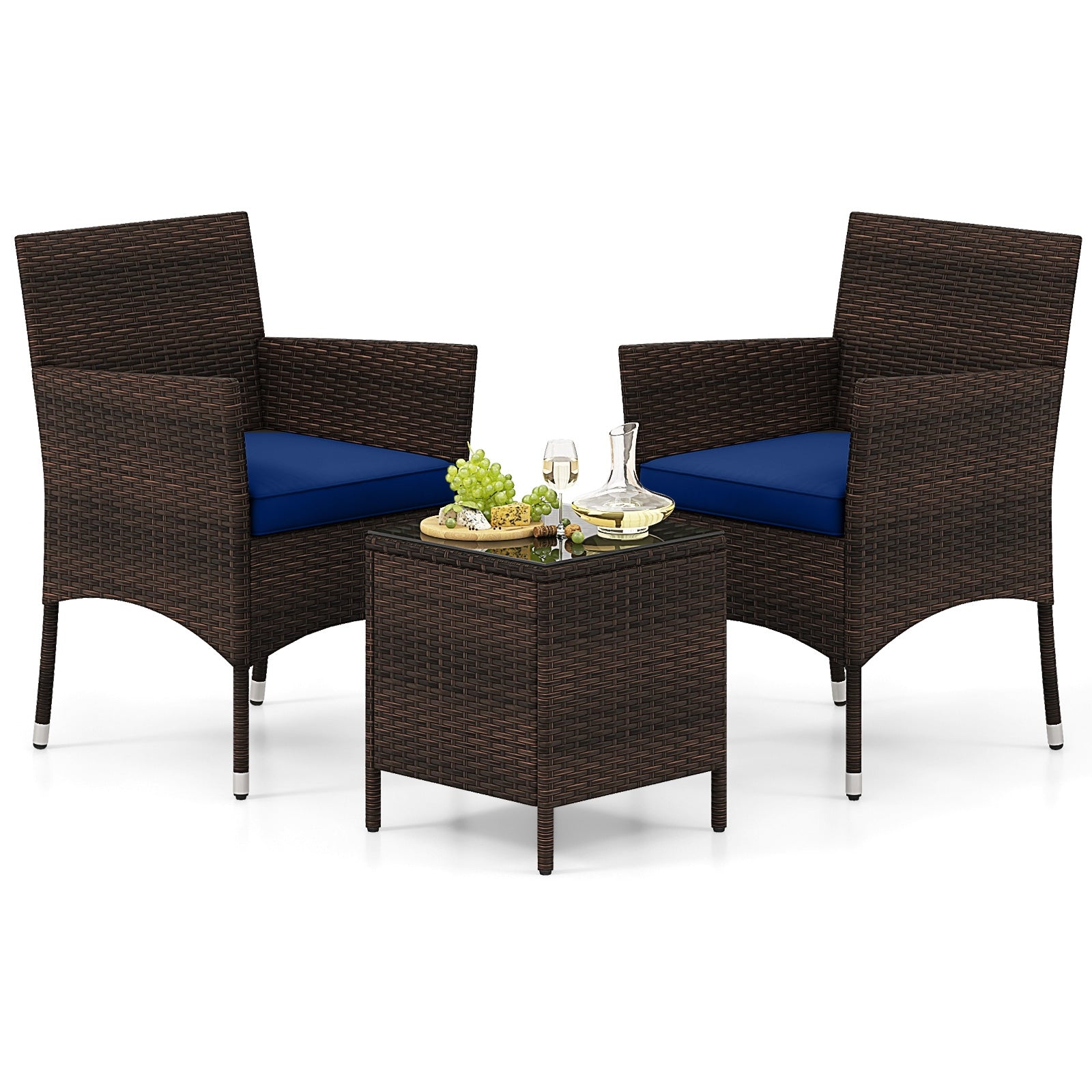 3 Pieces Outdoor Conversation Set with Cushioned Seat and Glass Tabletop, Navy Patio Conversation Sets at Gallery Canada