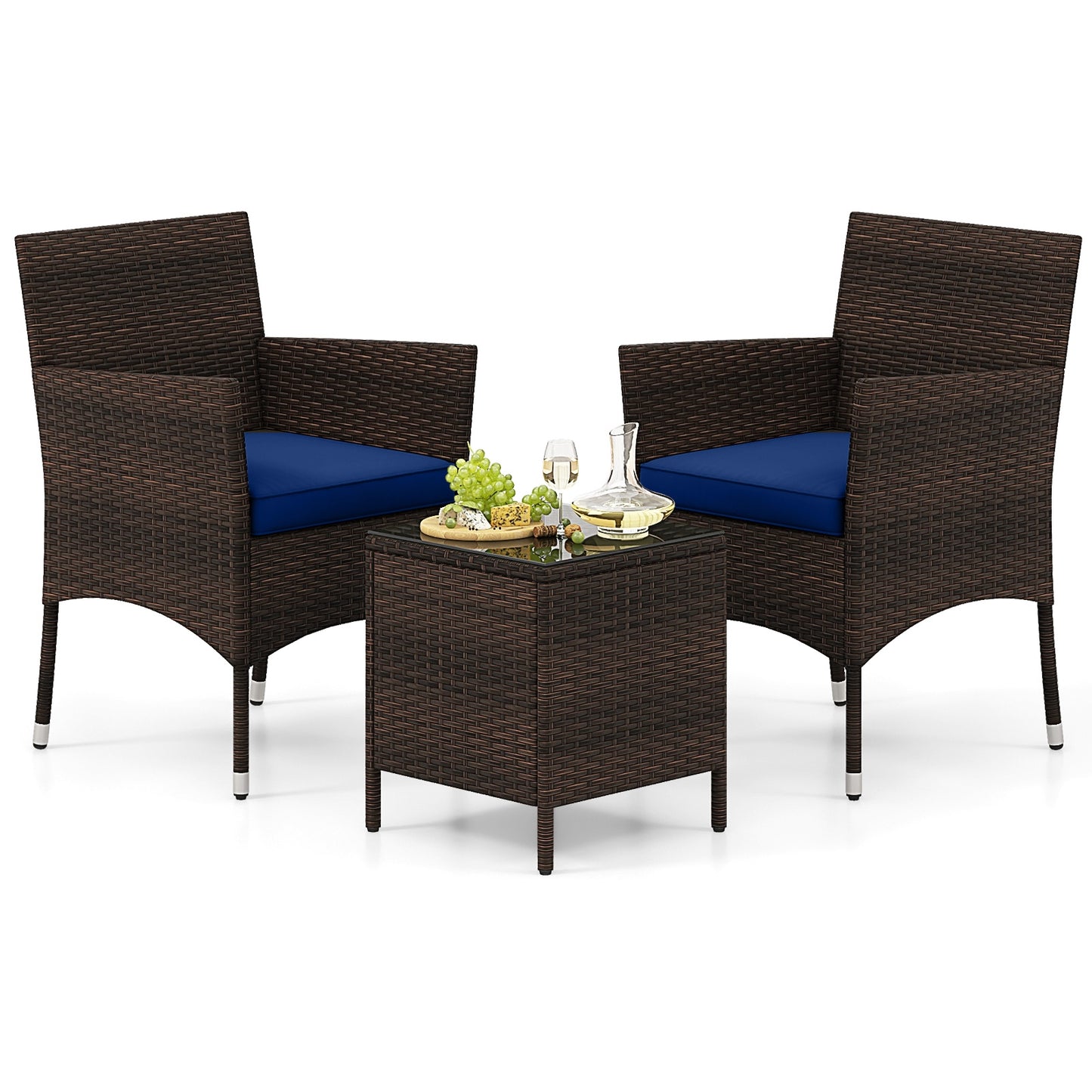 3 Pieces Outdoor Conversation Set with Cushioned Seat and Glass Tabletop, Navy Patio Conversation Sets at Gallery Canada