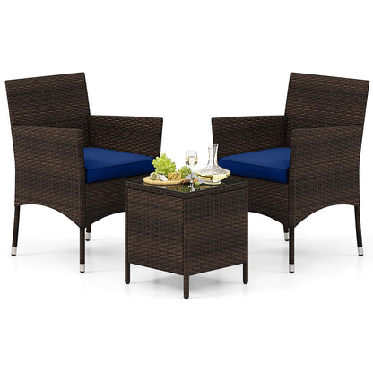 3 Pieces Outdoor Conversation Set with Cushioned Seat and Glass Tabletop, Navy Patio Conversation Sets at Gallery Canada