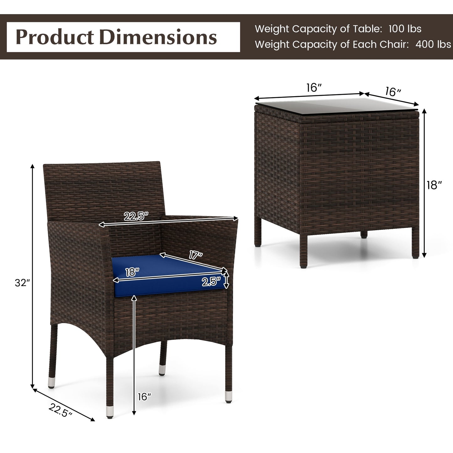 3 Pieces Outdoor Conversation Set with Cushioned Seat and Glass Tabletop, Navy Patio Conversation Sets at Gallery Canada