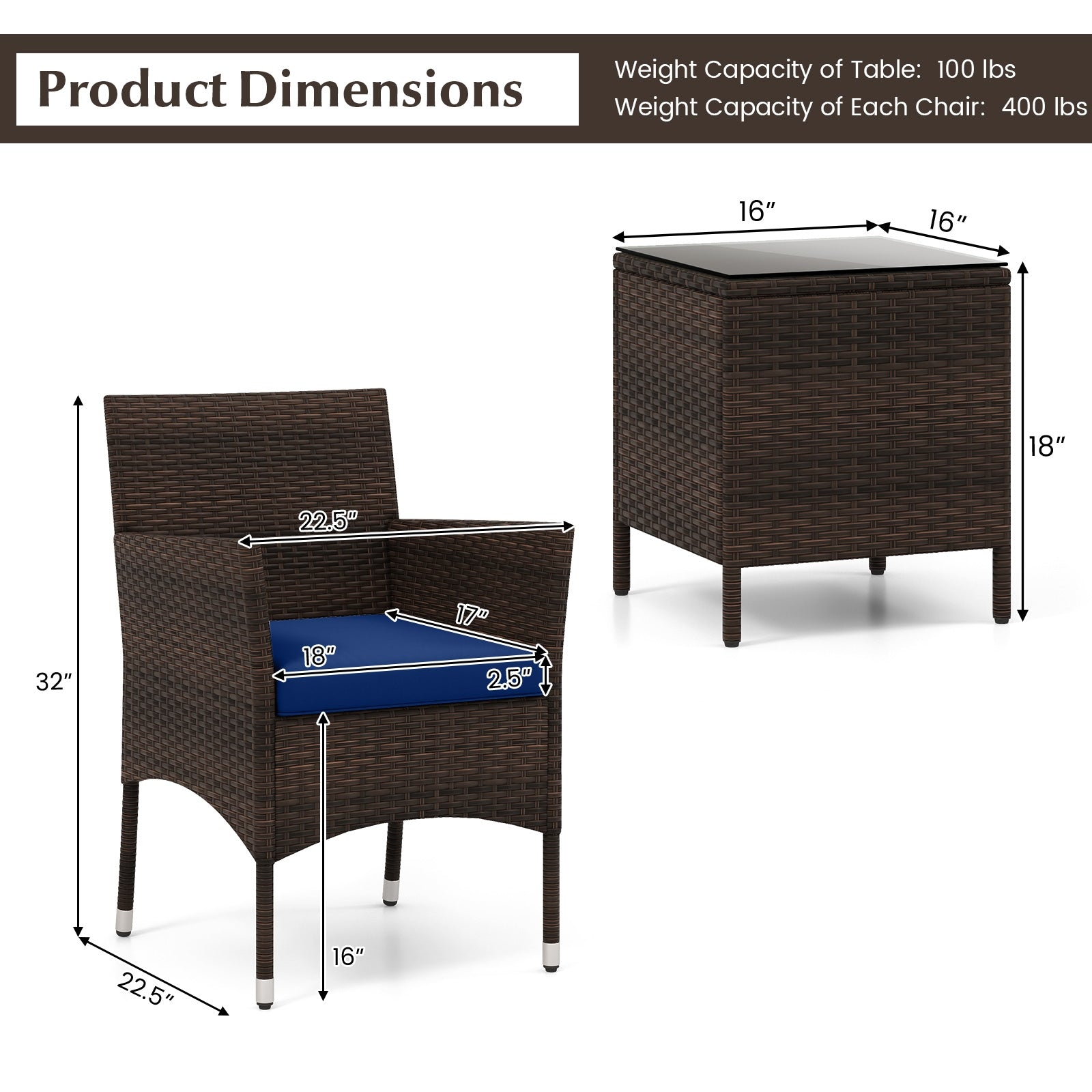 3 Pieces Outdoor Conversation Set with Cushioned Seat and Glass Tabletop, Navy Patio Conversation Sets at Gallery Canada