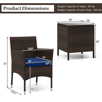 3 Pieces Outdoor Conversation Set with Cushioned Seat and Glass Tabletop, Navy Patio Conversation Sets at Gallery Canada