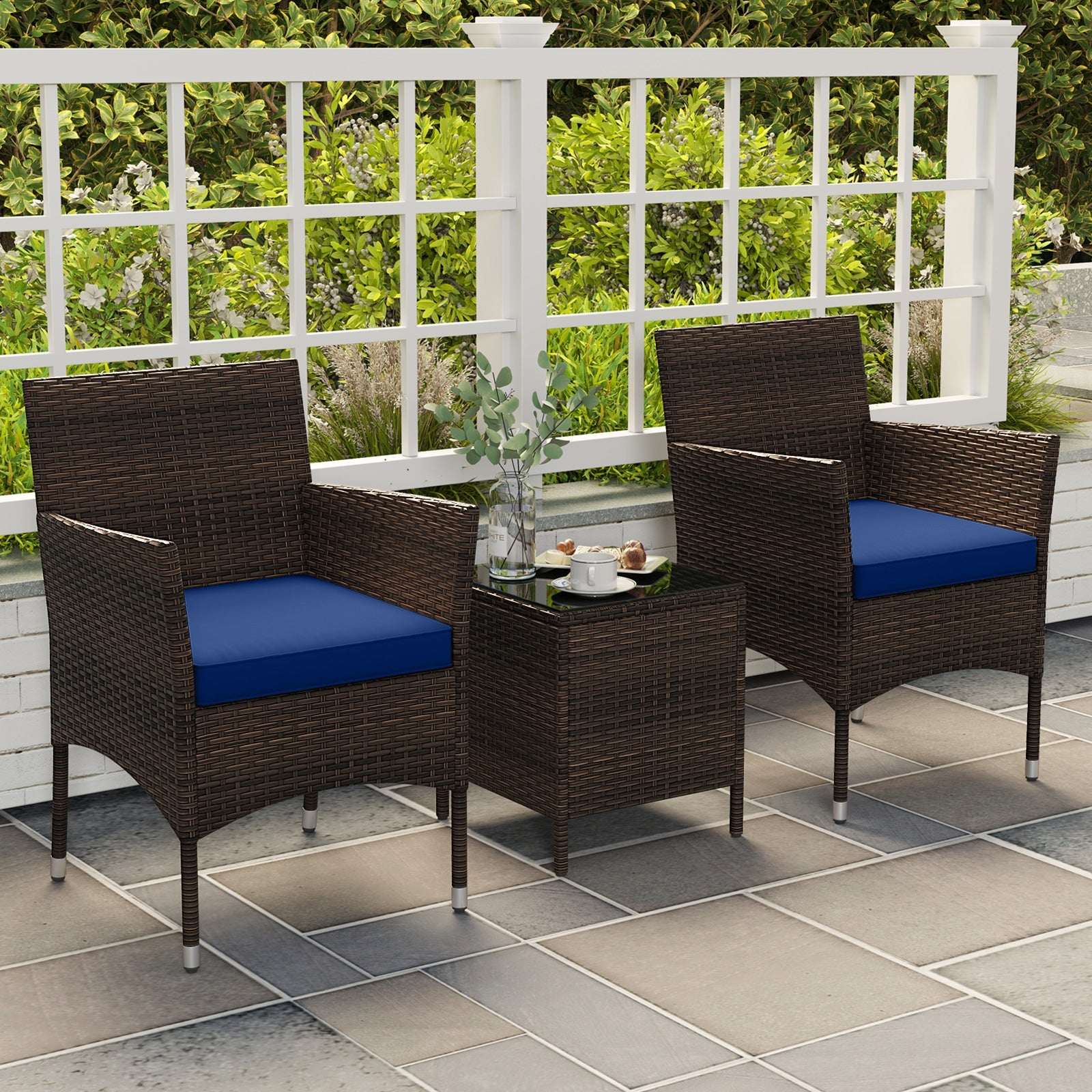 3 Pieces Outdoor Conversation Set with Cushioned Seat and Glass Tabletop, Navy Patio Conversation Sets at Gallery Canada