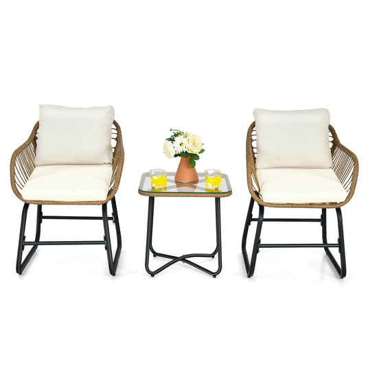 3-Piece Patio Bistro Set, 2 Rattan Chairs, Square Glass Coffee Table, White Patio Conversation Sets White at Gallery Canada